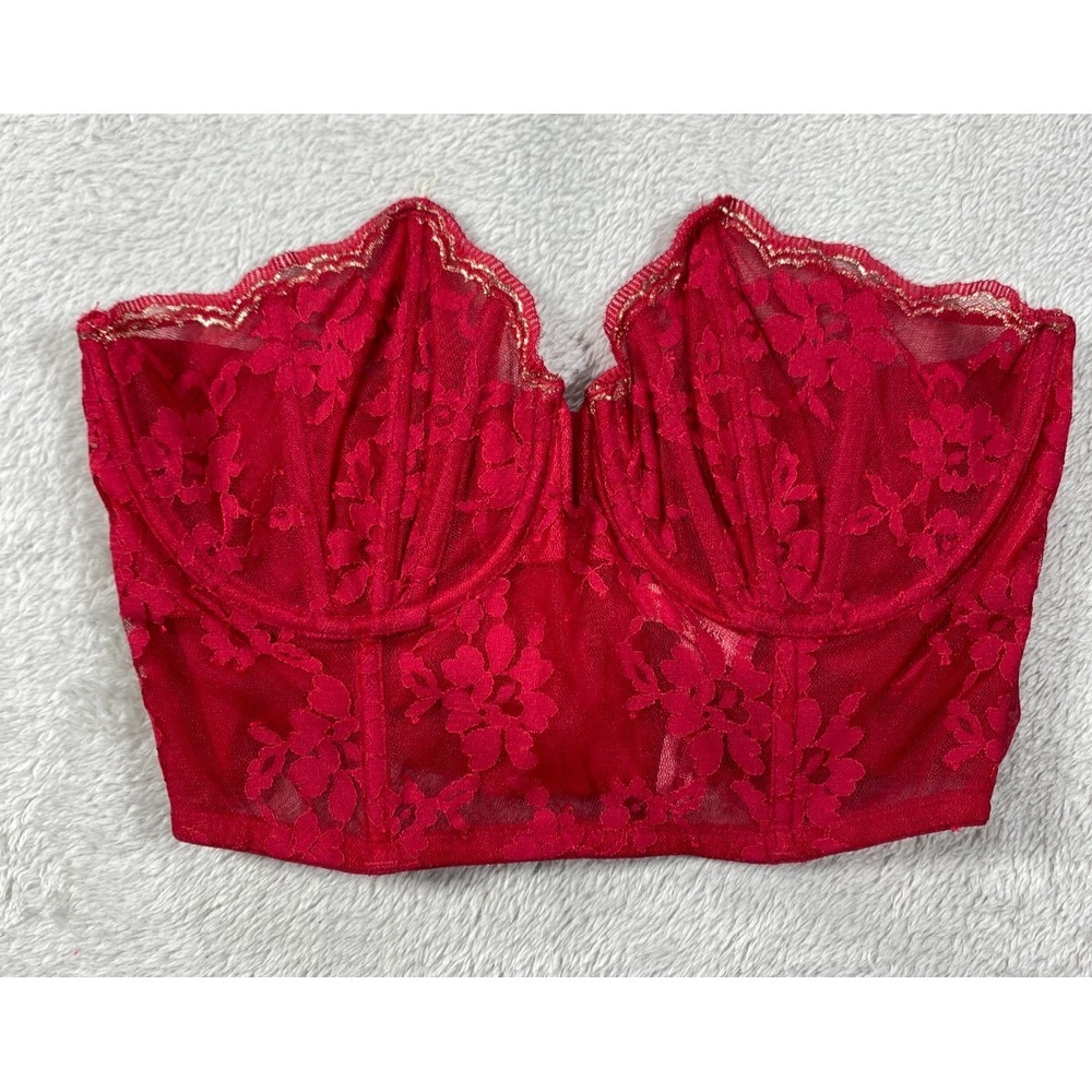 Victorias Secret Dream Angels Bustier Longline Bra Womens 36C Red Scalloped Lace
